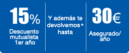 15% de descuento a mutualistas el primer a�o. Y adem�s te devolvemos hasta 30? por asegurado y a�o