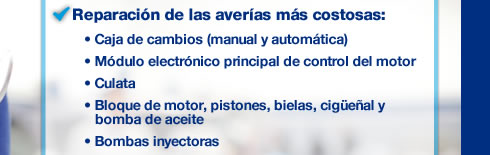 Reparación de las averías más costosas: Caja de cambios (manual y automática). Módulo electrónico principal de control del motor. Culata. Bloque de motor, pistones, bielas, cigüeñal y bomba de aceite. Bombas inyectoras.